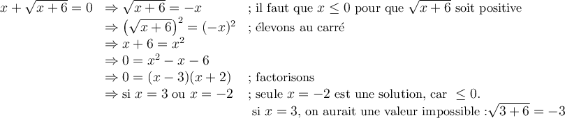  \begin{array}{lll} x+\sqrt{x+6} = 0 &\Rightarrow \sqrt{x+6} = -x &\small{\text{; il faut que } x\leq 0 \text{ pour que }\sqrt{x+6} \text{ soit positive}}\\ &\Rightarrow \left(\sqrt{x+6}\right)^2 = (-x)^2 &\small\text{; élevons au carré} \\ &\Rightarrow x+6 = x^2 & \\&\Rightarrow 0 = x^2-x-6 & \\ &\Rightarrow 0 = (x-3)(x+2) &\small\text{; factorisons}\\ &\Rightarrow \small{\text{si }x=3 \text{ ou } x=-2} &\small{\text{; seule }x=-2 \text{ est une solution, car }\leq 0.}\\ &&\;\small{\text{si }x=3\text{, on aurait une valeur impossible :}\sqrt{3+6}=-3 }\end{array}