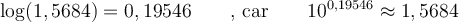 \log(1,5684)=0,19546 \qquad \text{, car} \qquad 10^{0,19546} \approx 1,5684