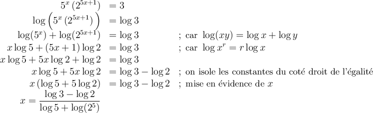 \begin{array}{rll}5^x\left(2^{5x+1}\right)&=3&\\\log\Big(5^x\left(2^{5x+1}\right)\Big)&=\log 3&\\\log(5^x)+\log(2^{5x+1})&=\log 3&;\small{\text{ car }\log(xy)=\log x+\log y}\\x\log 5+(5x+1)\log 2&=\log 3&;\small{\text{ car }\log x^r=r\log x}\\x\log 5+5x\log 2+\log 2&=\log 3&\\x\log 5+5x\log 2&=\log 3-\log 2&;\small\text{ on isole les constantes du coté droit de l'égalité}\\x\left(\log 5+5\log 2\right)&=\log 3-\log 2&;\small{\text{ mise en évidence de } x}\\x=\dfrac{\log 3-\log 2}{\log 5+\log(2^5)}&\end{array}