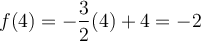 f(4)=-\dfrac{3}{2}(4)+4 = -2