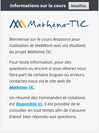 Informations du cours Mathéma-TIC