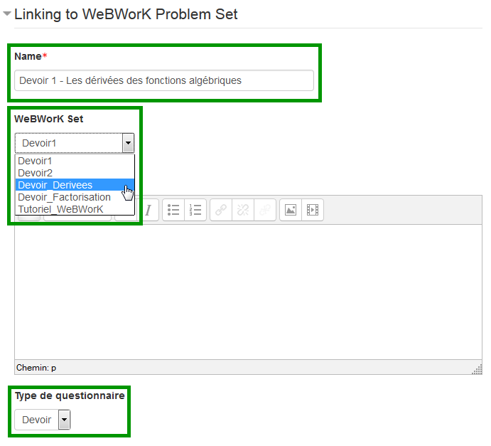 Configurer votre devoir Moodle