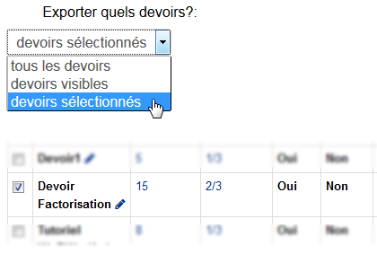 Exporter un devoir sélectionné